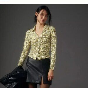 Maeve by Anthropologie Ruched Top in Yellow Motif Speckled Office Work Career M